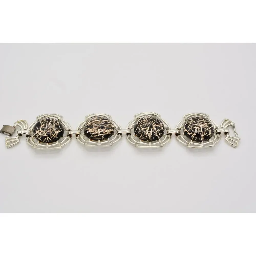 Tara Vintage Lucite Bracelet Chain Chunky Confetti Metallic Silver Signed Bin2